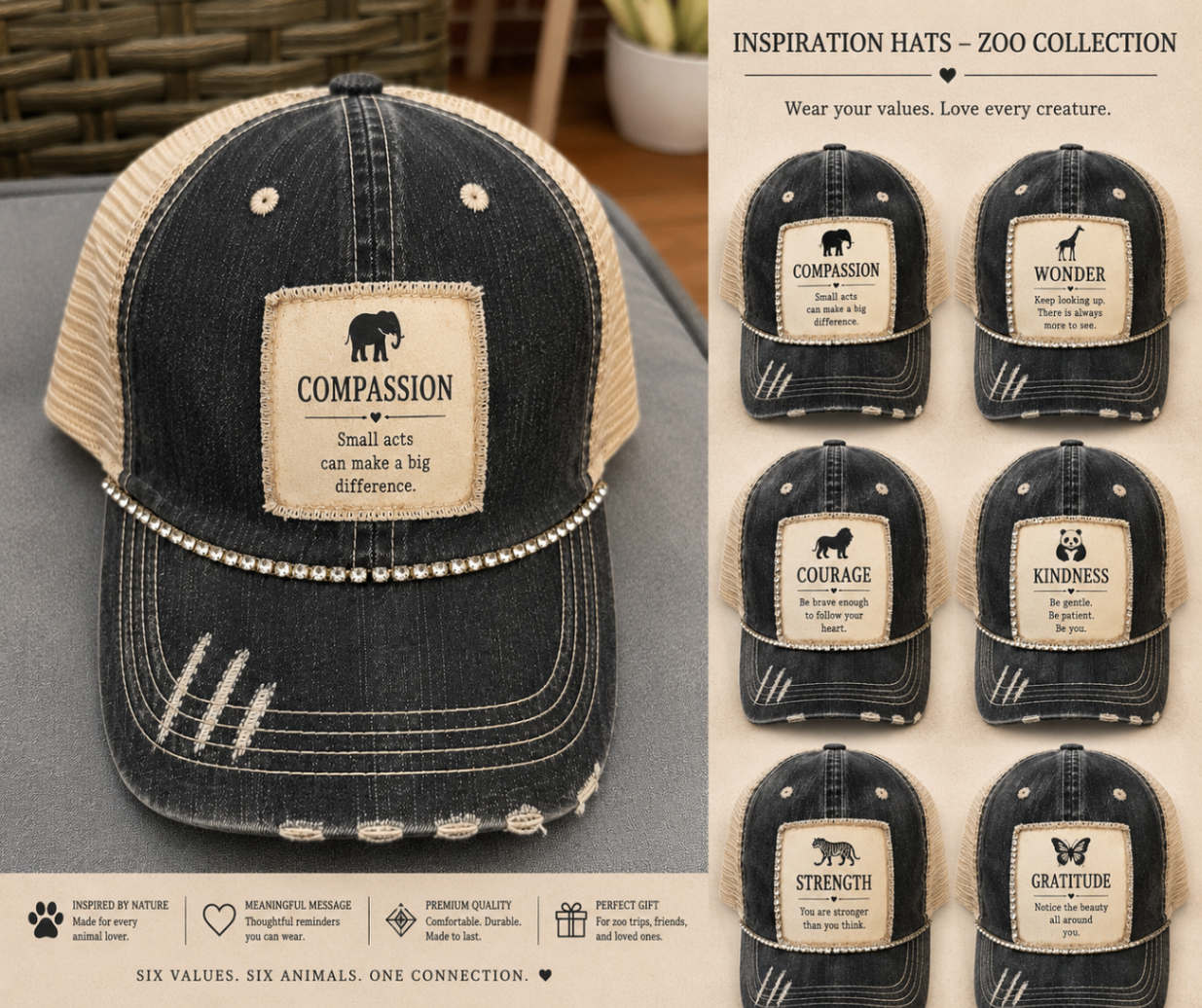 Inspiration Hats zoo collection showing value-based animal patch hats.