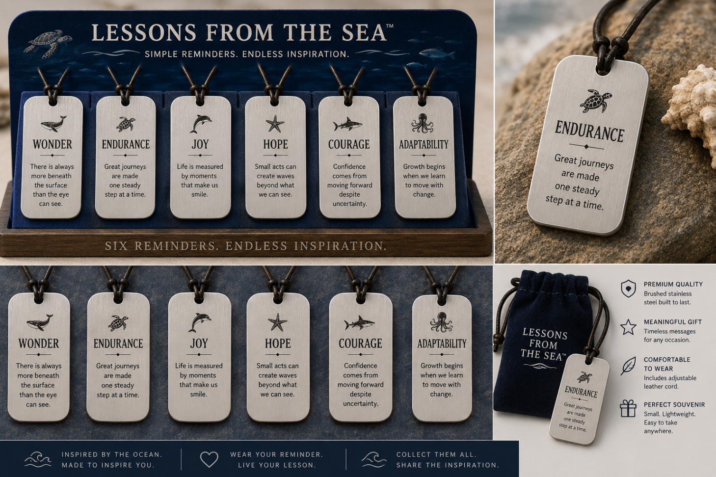 Lessons from the Sea wearable souvenirs with stainless tags and presentation display.