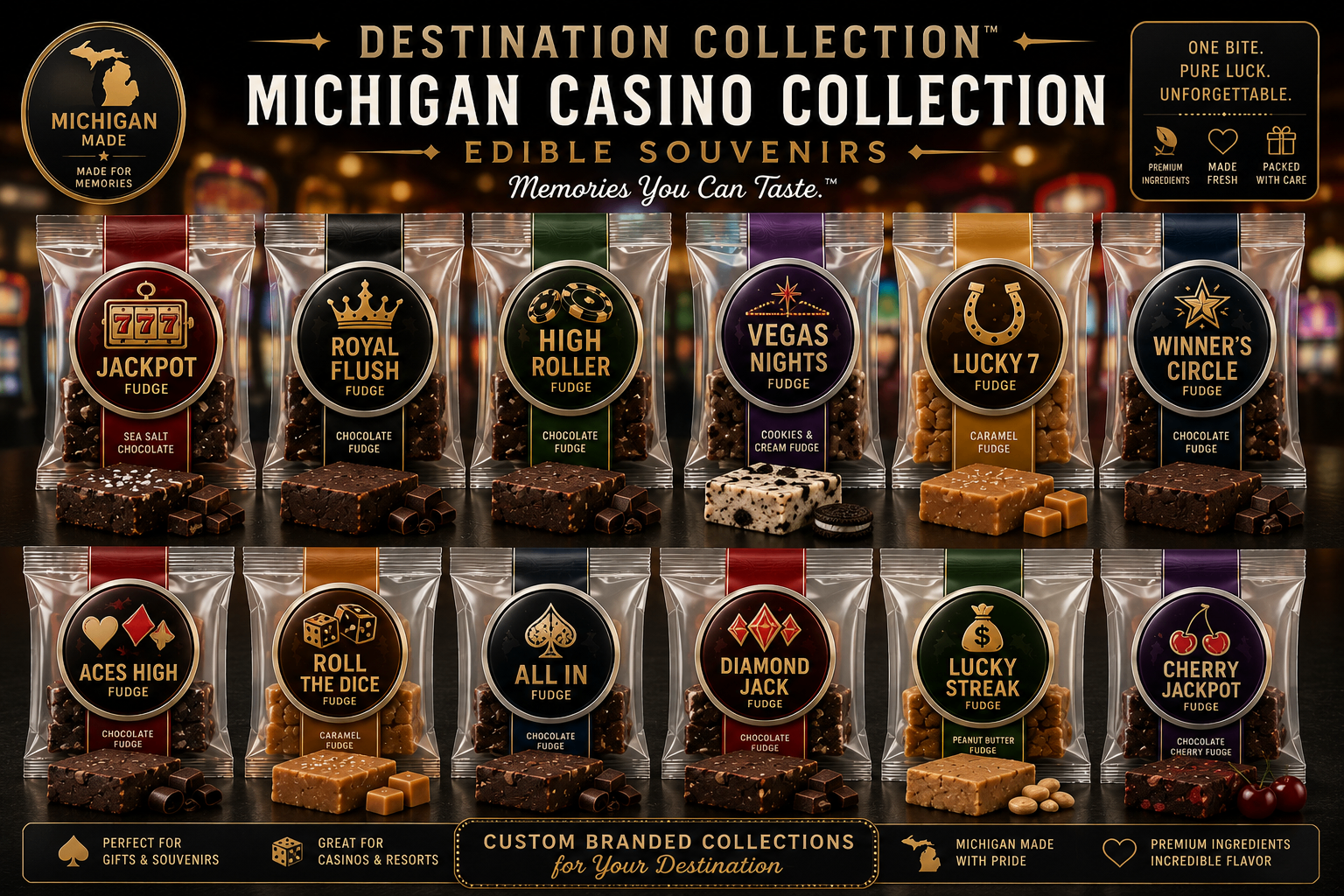 Michigan Casino Collection edible souvenirs board featuring Jackpot, Royal Flush, High Roller, Vegas Nights, and other casino-themed fudge products.