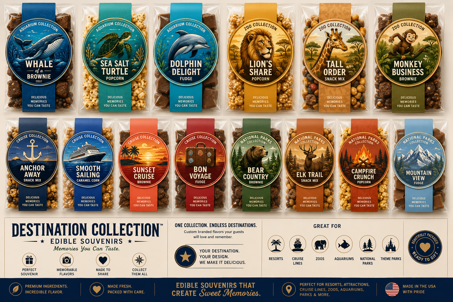 Real Destination Collection edible souvenirs assortment showing aquarium, zoo, cruise, and national parks packaged products.