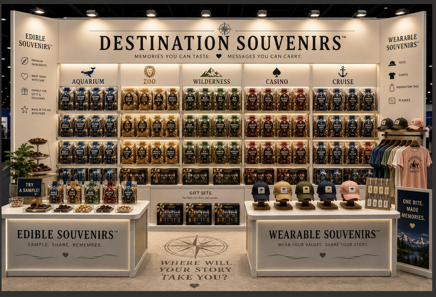 Destination Souvenirs trade-show booth — full retail wall with category-organized medallion packaging, gift sets, and wearables